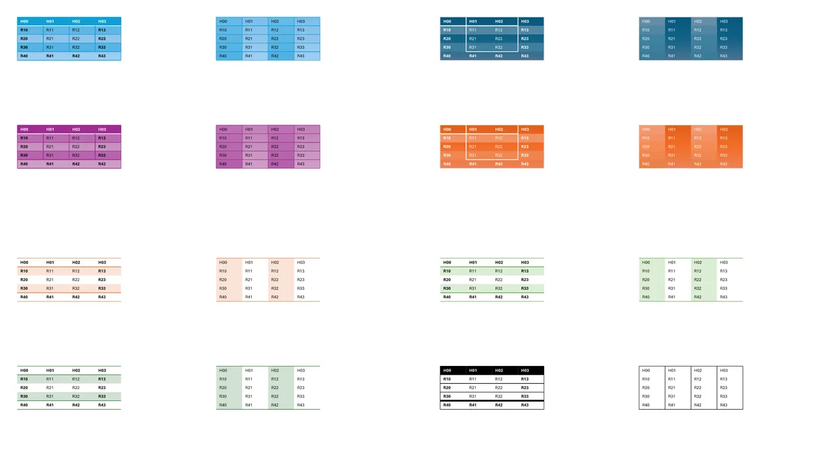 Sixteen tables in PowerPoint built-in table styles rendered by the paged engine