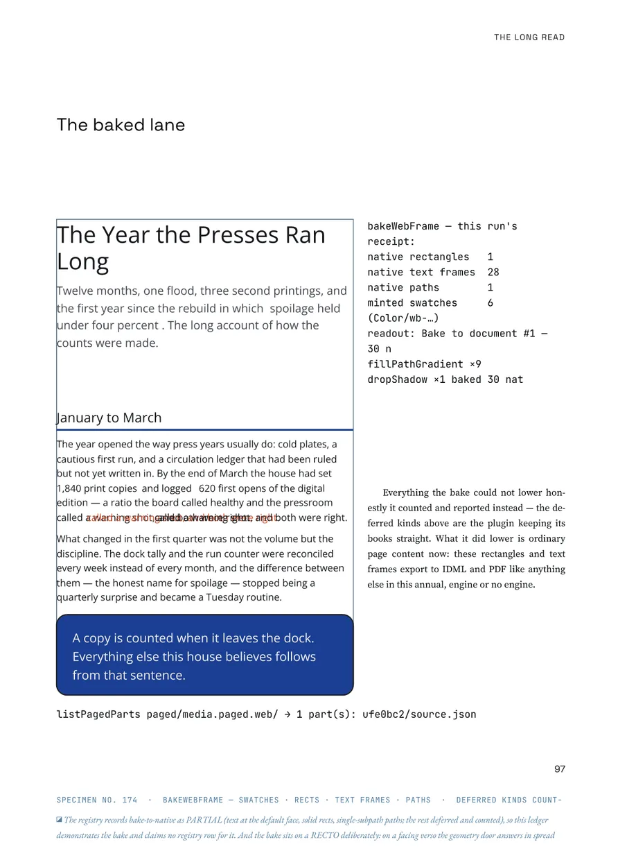 The Paged Annual, page 97: a web frame baked to native rectangles, paths, swatches and text frames, with the bake's own receipt beside it — including what it could not lower.