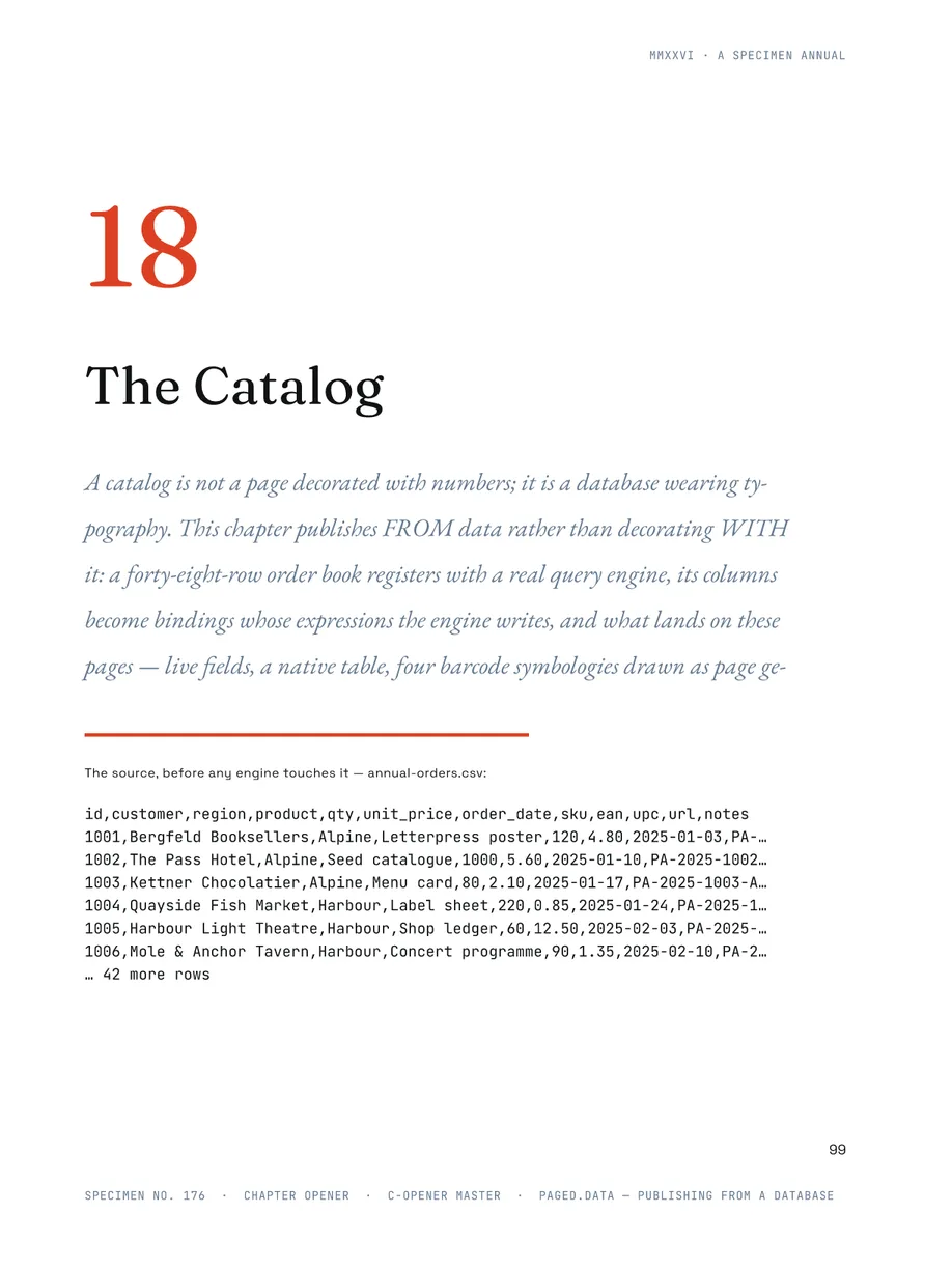 The Catalog opener: a forty-eight-row order book, shown as the raw CSV before any engine touches it. The chapter publishes from it rather than decorating with it.