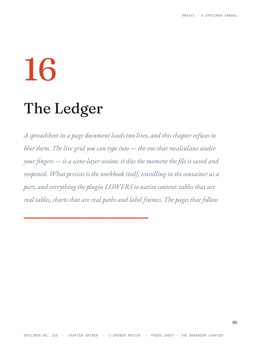 The Ledger opener: a spreadsheet in a page document leads two lives — the live grid you type into, and what the plugin lowers to native content that persists.