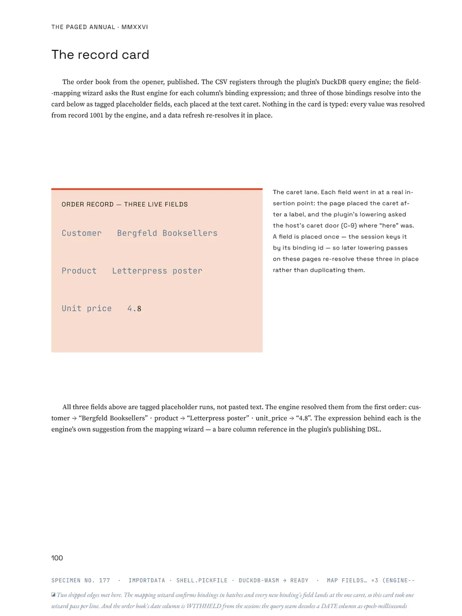 The record card: three tagged placeholder fields — customer, product, unit price — each resolved from record 1001 by the engine and placed at the text caret. A data refresh re-resolves them in place.
